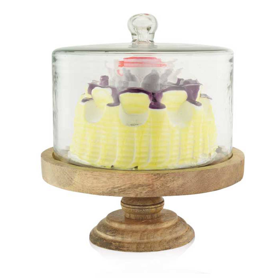 Hammered Glass Cloche on Wood Pedestal