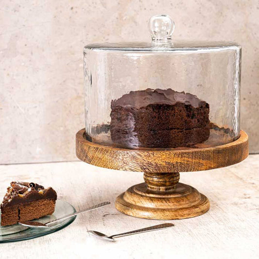 Hammered Glass Cloche on Wood Pedestal
